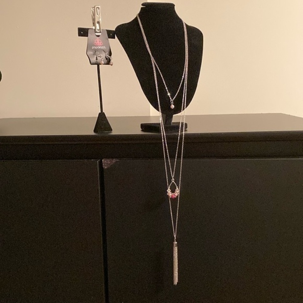 Silver Layered Necklace with Pink Accents and earring set